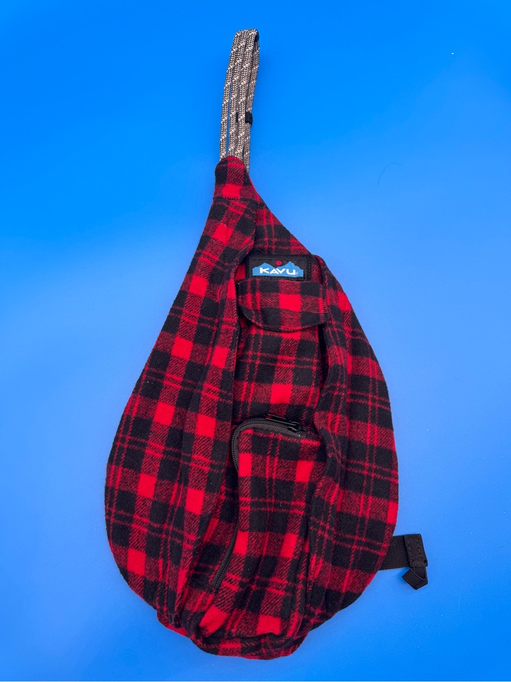 KAVU Mini Rope Sling Red Black Buffalo Plaid Fleece Bag Backpack Flannel NWOT